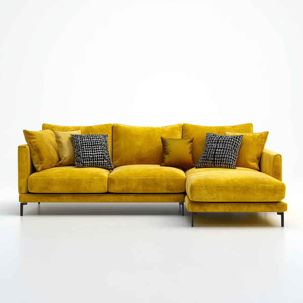 Divano angolare 3 posti con chaise longue destra giallo senape in velluto di poliestere a L 280 x 160 x 85 cm