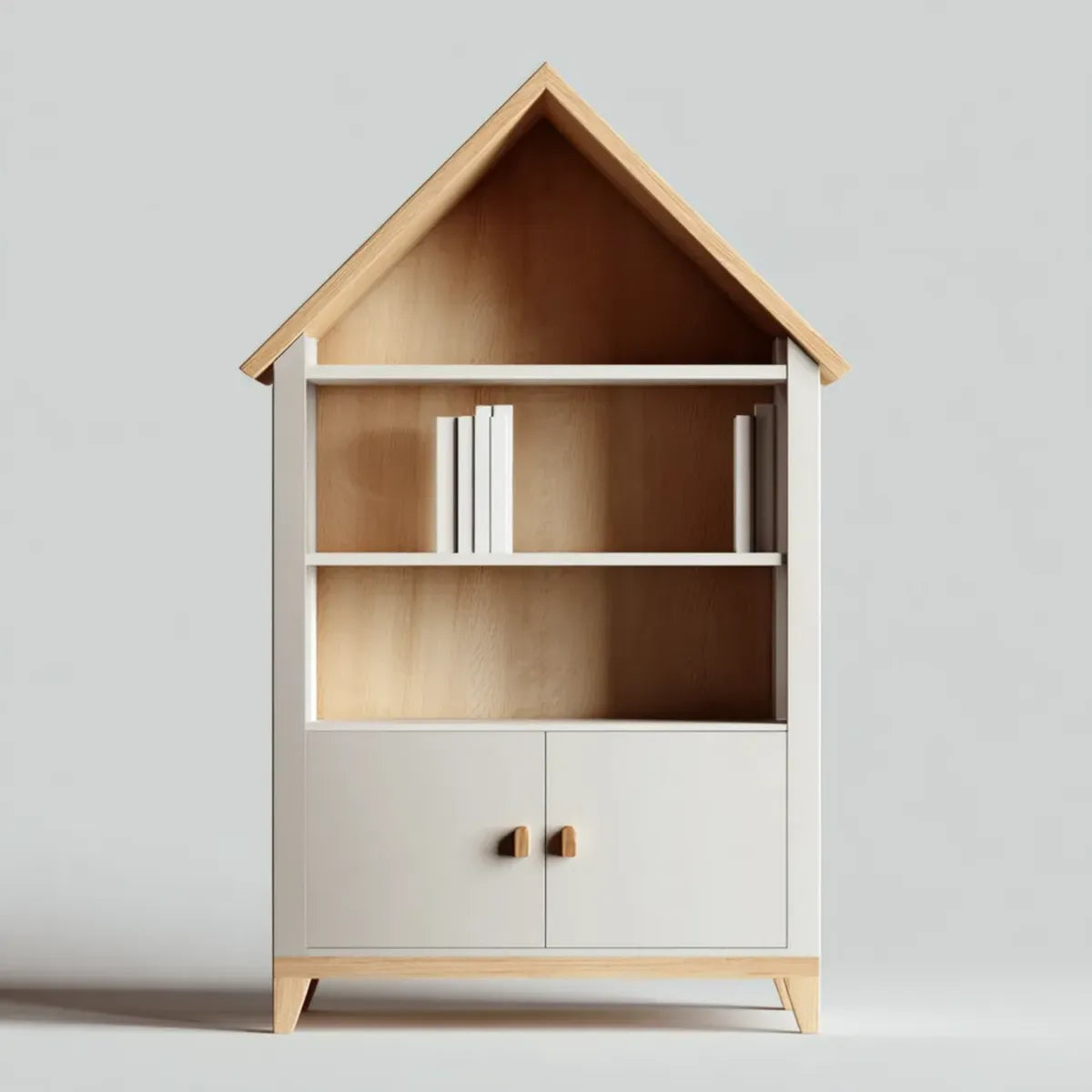 Libreria contenitore per bambini bianca e naturale a casetta 80 x 35 x 160 cm in MDF e legno massello di pino