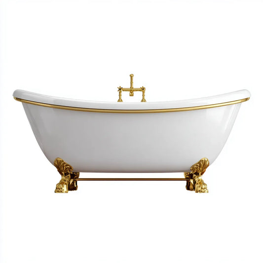 Set vasca da bagno freestanding bianca e oro in acrilico 170 x 75 x 75 cm ovale con rubinetteria a pavimento