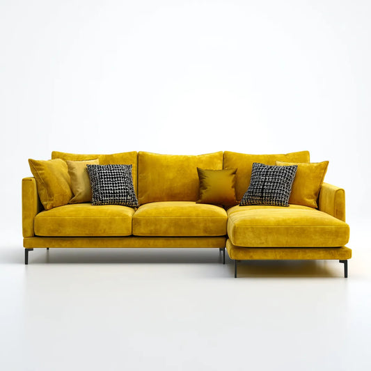 Divano angolare 3 posti con chaise longue destra giallo senape in velluto di poliestere a L 280 x 160 x 85 cm