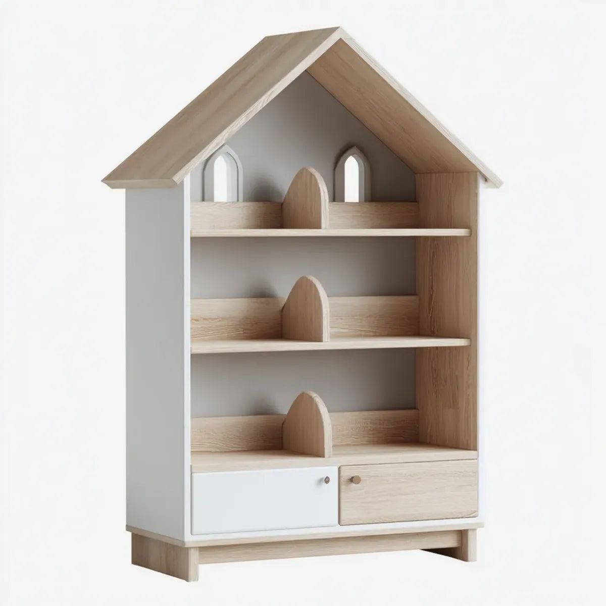 Libreria per bambini a forma di casa bianca e rovere 80 x 35 x 150 cm in MDF