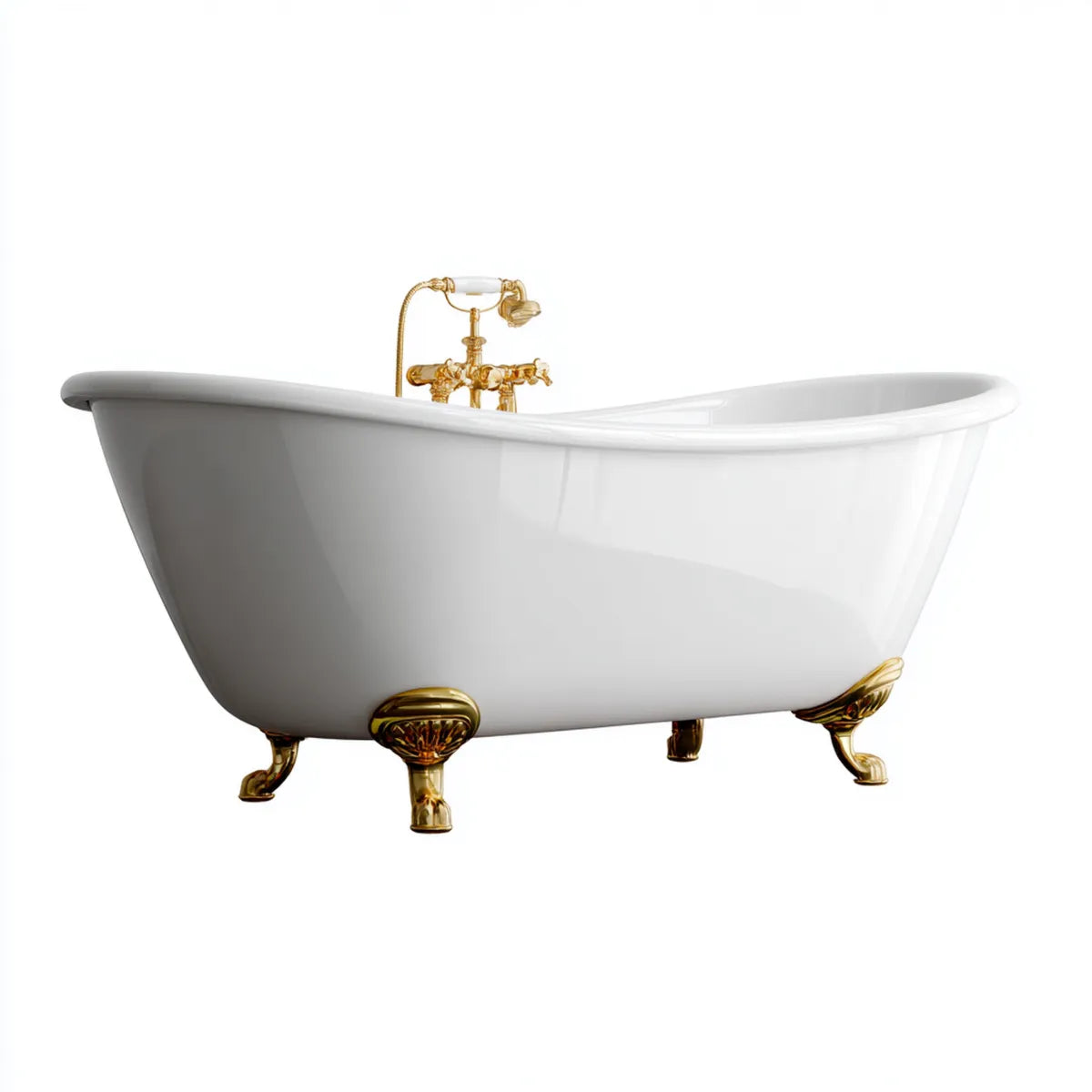 Set vasca da bagno freestanding bianca con rubinetteria dorata 170 x 75 x 75 cm in acrilico sanitario ovale