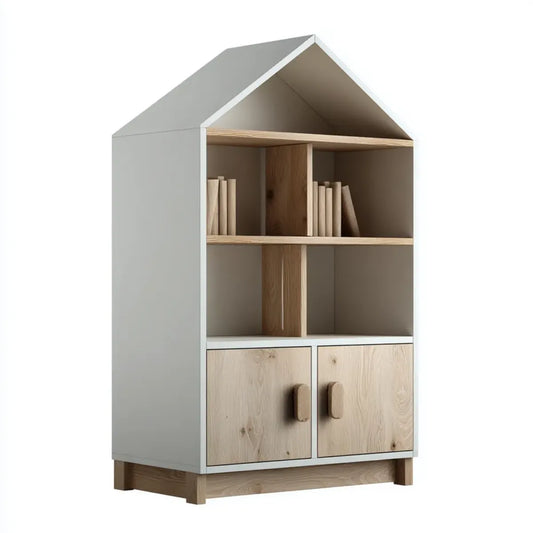 Armadio libreria per bambini a forma di casetta bianco e rovere 80 x 40 x 160 cm in MDF e impiallacciatura di rovere
